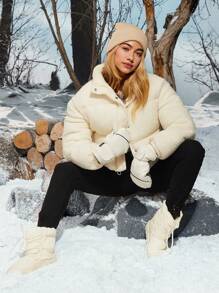 SHEIN EZwear Women's Casual Zip-Up Stand Collar Padded Padded Coat, Suitable For Holiday And Everyday Use - White - View 5