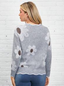 SHEIN LUNE Áo khoác cardigan ấm áp họa tiết hoa 3D viền sóng cho nữ, mặc thường ngày và công sở, mùa thu/đông - Xám - Xem 2