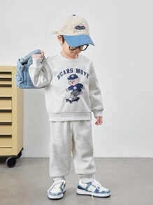 SHEIN 2pcs/Set Young Boy Casual College Style Comfortable Cartoon Bear Pattern Sleeve Pullover Sweatshirt And Elastic Waist Pants Set, Suitable For Kids Outfits, Back To School, Clothes, Daily Wear, School, Outings, Sports, Autumn And Winter