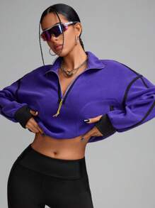 Innovista Sweatshirt de sport ample en polaire pourpre, survêtement, course, sweatshirt court avec boucles à fermeture éclair de couleurs contrastées, tenues de sport de gym quotidiennes, hoodies pour femmes, tenues d'automne pour femmes, sweatshirts d'automne, camping, extérieur, tenue d'automne et d'hiver pour femmes, maillot, vêtements pour temps froid