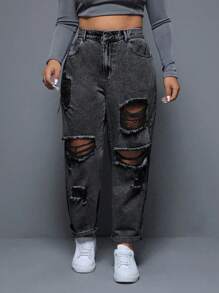 SHEIN ICON Plus Size Women's Solid Color Simple Daily Distressed Jeans - Grey - View 3