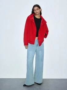 Maija 女式圣诞红色金属装饰纽扣长袖宽松夹克 - 紅色 - 查看 2