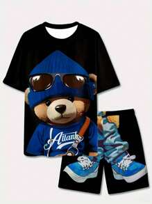 Manfinity Dauomo Bộ 2 áo thun tay ngắn in hình gấu và quần short thoải mái cho nam, trang phục ấm áp - màu đen - Xem 5