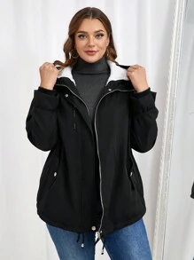 SHEIN Essnce 大码女式连帽毛绒收腰口袋设计黑色外套，适合冬季 - 黑色 - 查看 3