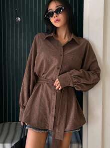 DAZY 1pc Women Solid Color Loose Fit Long Sleeve Shirt With Belt,Fall Clothes - Brown - View 8