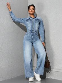 SHEIN EZwear Bộ đồ liền thân denim giản dị cổ cài nút tay dài mùa thu dành cho nữ - Rửa nhẹ - Xem 4