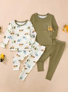 4pcs Baby Boys Casual Cute Knit Excavator Allover Print Long Sleeve Crew Neck Top And Allover Print Long Pants, Snug Fit Pajama Set