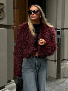 Aloruh 女士时尚性感短款仿皮草大衣，秋冬新品 - 酒紅色 - 查看 7
