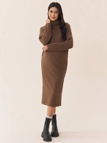 SHEIN 婴儿洗礼秋冬装高领落肩袖紧身孕妇装，秋冬季针织连衣裙 - 咖啡棕 - 查看 7