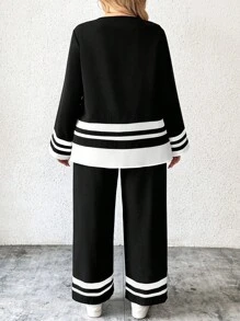 EMERY ROSE 2pcs Plus Size Women's Casual Striped Crew Neck Long Sleeve Top & Pants Colorblock Outfit, Autumn Fall Cloth For Women - Black and White - View 2
