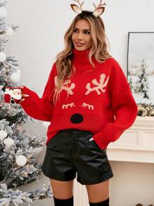 SHEIN LUNE 圣诞高领麋鹿图案红色针织休闲通勤优雅街头装保暖打底衫女式套头毛衣，秋冬 - 紅色 - 查看 4