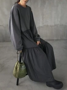 FRIFUL Women Round Neck Long Sleeve Pleated Minimalist Mid-Length Casual Dress,Fall Clothes