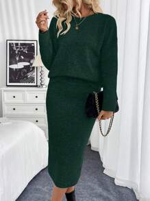 SHEIN Clasi 2 件女式纯色圆领长袖毛衣和长款针织裙休闲装，秋冬 - 墨綠色 - 查看 6