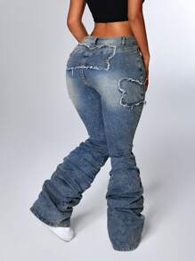 SHEIN ICON Quần Jeans Ống Rộng Xếp Ly Túi Rách Thường Ngày Cho Nữ - Rửa tối - Xem 2