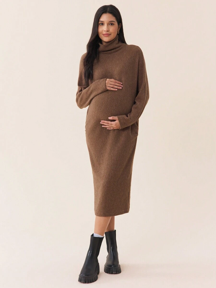 SHEIN 婴儿洗礼秋冬装高领落肩袖紧身孕妇装，秋冬季针织连衣裙 - 咖啡棕 - 查看 1