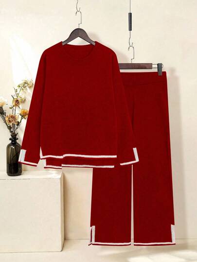 大码女式拼色针织圆领开叉下摆套头衫和直筒裤休闲套装，秋冬季简约风格，冬季