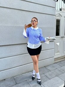 Flirla Camisa de manga larga a rayas verticales blancas y negras de estilo retro francés de nicho de talla grande, blusa de cintura ceñida 2 en 1