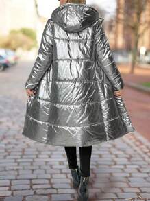 SHEIN Clasi 金属光泽面料连帽中长款加厚棉服冬季保暖外套 - 銀色 - 查看 2
