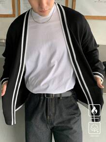 Claim Dot Men's Striped Print Pocket Knit Cardigan Sweater - Black - View 3