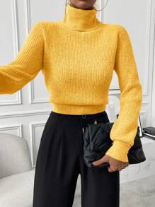 Chiquease 女式纯色高领长袖休闲套头衫，秋冬 - 黃色 - 查看 2
