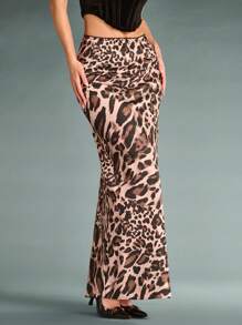 SHEIN BAE 女士低腰豹纹腰带拼接蕾丝蝴蝶结装饰缎面优雅长款冬裙，圣诞服装，圣诞装，冬季女裙 - 摩卡棕 - 查看 6