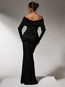 SHEIN SXY Shiny Party Luminous Black Dress Women's One Shoulder Sexy Fishtail Long Dress'fall Women Clothes;Black Skirt;Holiday Party Dress;New Year Eve Dress;New Years Women Outfit - Black - View 2