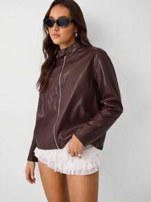 TRNVIE Retro rote Lederjacke mit locker geschnittenem, modischem Design für Frauen - Schokoladenbraun - Übersicht 5