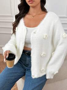 SHEIN Frenchy Plus Size Casual Elegant Solid Color 3D Floral Fluffy Cardigan Sweater, For Winter - White - View 5