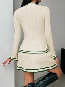 Chiquease Bộ 2 chiếc/bộ váy xếp ly viền tương phản và áo len cho nữ - Nhiều màu - Xem 2