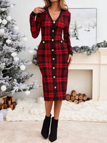 SHEIN LUNE 圣诞红色格子修身中长连衣裙，配撞色饰边，冬季圣诞连衣裙女士圣诞连衣裙圣诞服装圣诞派对连衣裙女士连衣裙新年 - 紅色 - 查看 3