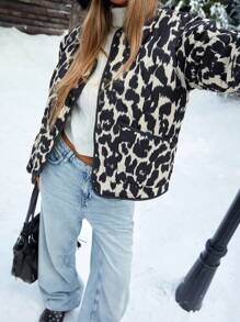 GENKIRA Áo khoác phồng dài tay cổ tròn dáng rộng họa tiết da báo, phong cách thường ngày và đa năng dành cho nữ, thích hợp cho mùa thu/đông. - Nhiều màu - Xem 4