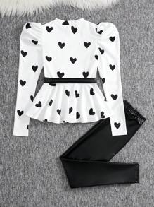SHEIN Tween Girls Elegant Heart Pattern Fashionable Knitted Round Neck Long Sleeve Leg-Of-Mutton Sleeve Belted Peplum Tee T-Shirt With Ruffle Hem And PU Legging 2pcs Set, For Daily Wear,Back To School, Casual Occasions, For Autumn Winter