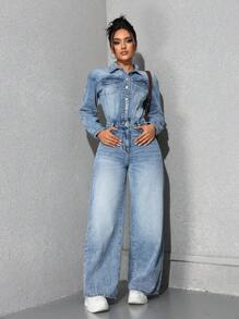 SHEIN EZwear Bộ đồ liền thân denim giản dị cổ cài nút tay dài mùa thu dành cho nữ - Rửa nhẹ - Xem 1