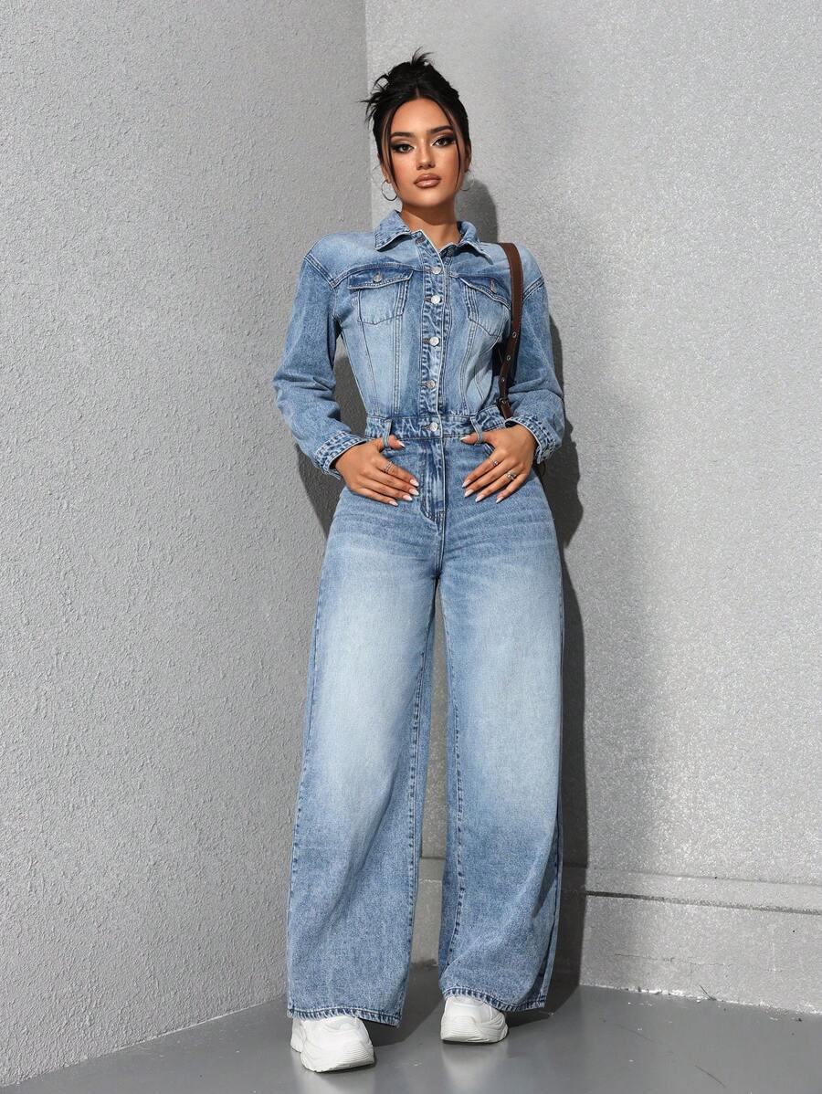 SHEIN EZwear Bộ đồ liền thân denim giản dị cổ cài nút tay dài mùa thu dành cho nữ - Rửa nhẹ - Xem 1