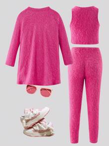 SHEIN Tween Girl 3 件套：纯色长袖羊毛开衫、圆领背心和裤子，秋冬季休闲装 - 玫紅色 - 查看 2