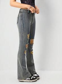SHEIN Teen Girl Y2K Boho Adjustable Waist Destroy Stretchy Boo Cut Jeans - Bronze - View 4