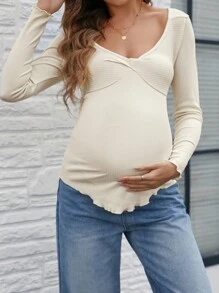 SHEIN Camiseta de manga larga casual de cuello en V liso para maternidad, otoño