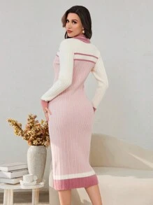 Modelyn Women Casual Color Block Fluffy Knitted Sweater Dress For Winter - Dusty Pink - View 4