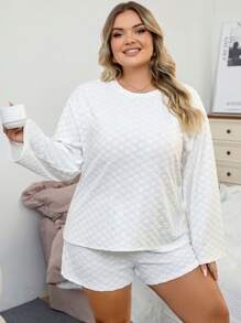 Bộ đồ ngủ dệt kim tay dài họa tiết hoa, cỡ lớn - trắng - Xem 3