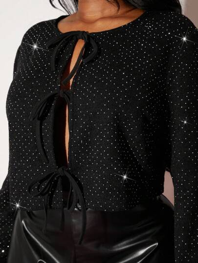 SHEIN SXY Große Größen Polka Punkt Muster Schleife Vorne Lässige Vielseitige Gestrickte Jacke mit Langen Ärmeln