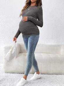 SHEIN Maternity Round Neck Long Sleeve Fitted T-Shirt, Autumn - Dark Grey - View 4