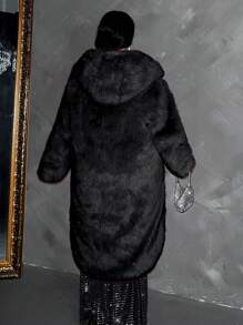 Maweii 大码女式连帽蓬松内衬保暖长款大衣，适合冬季 - 黑色 - 查看 2