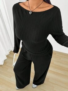 SHEIN EZwear 2pcs/Set Plus Size Women Casual Black Round Neck Long Sleeve Top And Pants Set - Black - View 2