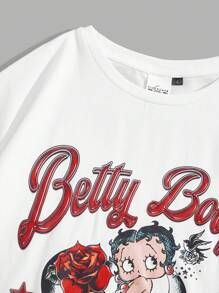 Betty Boop x SHEIN Women Cartoon Print Short Sleeve T-Shirts, For Christmas - White - View 3