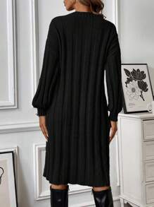 Chiquease 圆领灯笼袖罗纹中长针织毛衣连衣裙