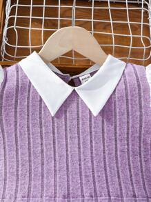 2pcs/Set Teen Girl Ribbed Splice Puff Sleeve Shirt And Ribbed Elastic Waist Flare Pants