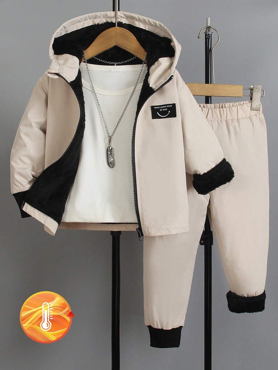 Young Boy Textured Soft-Lined Jacket And Fleece Pants Set, Suitable For 4-7 Years Old Boys In Winter, Fall And Spring Outdoor, School And Home Wear - Apricot - View 1