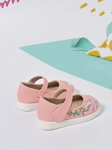 1 双女童 PU 皮革舒适可爱蝴蝶和花朵刺绣公主平底鞋，适合日常穿着 - 粉色 - 查看 2