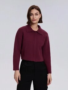 Women's Solid Color Front Zip Long Sleeve Minimalist Casual Knit Cardigan Jacket - Burgundy - View 3