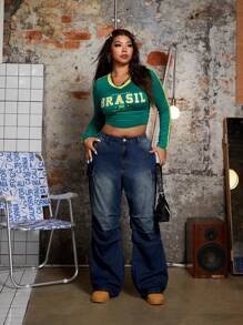 SHEIN ICON 大码休闲水洗阔腿男友牛仔裤，带翻盖口袋，春/秋 - 藍色 - 查看 4